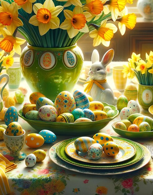 Table de célébration de Pâques avec des narcises et des œufs décorés