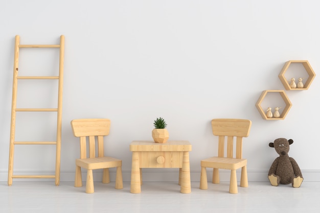 Table et chaise en bois dans une chambre d&#39;enfant blanche pour maquette, rendu 3D