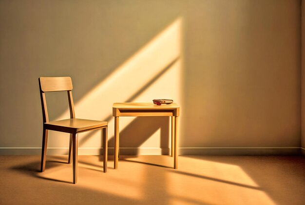 Une table et une chaise en bois dans une pièce vide