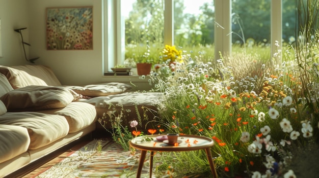 une table et une chaise dans une pièce avec des fleurs et une fenêtre