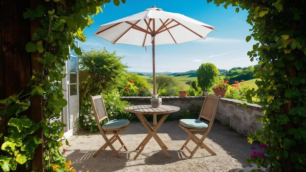 Table et chaise avec parapluie blanche patio extérieur