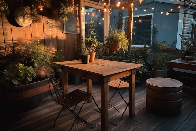 Une table et des chaises en bois dans un jardin avec une jardinière et des guirlandes lumineuses suspendues au plafond.