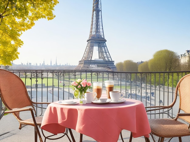 table et chaises avec café à paris vue sur la tour eiffel Generative Ai