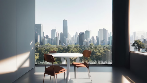 Une table et des chaises dans un appartement moderne avec vue sur les toits de la ville.
