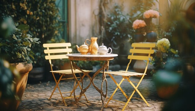 Une table et des chaises dans une cour avec des fleurs en arrière-plan