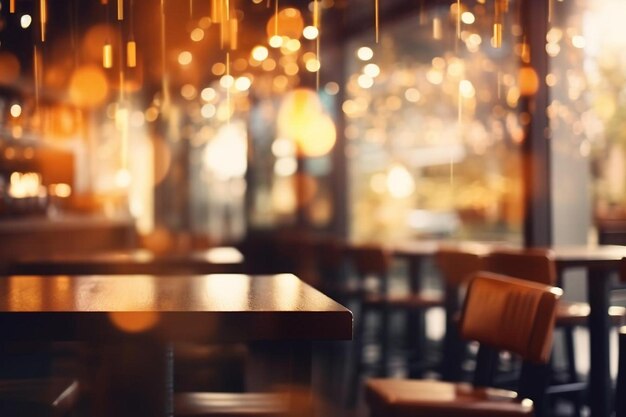 une table et des chaises dans un restaurant avec des lumières suspendues au plafond