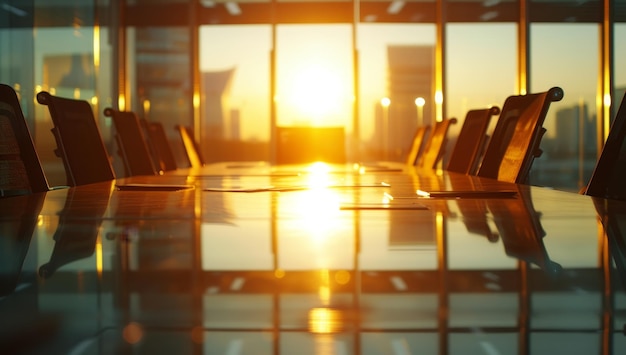 Table et chaises dans une salle de conférence moderne au coucher du soleil