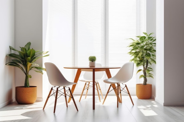 Photo une table et des chaises devant une fenêtre avec un store blanc qui dit 