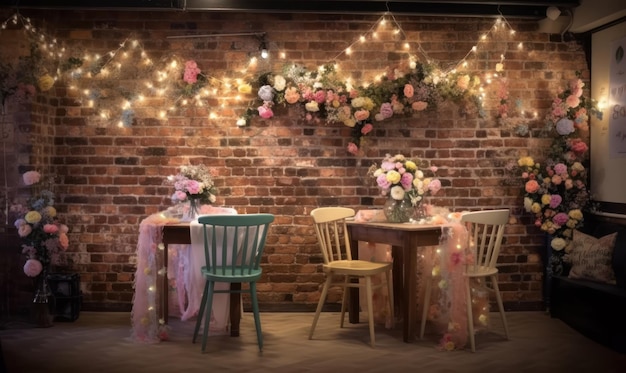 Une table et des chaises devant un mur de briques avec une guirlande lumineuse suspendue au plafond.