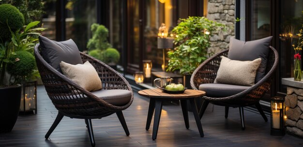 Table et chaises de jardin en rotin pour deux personnes dans le jardin