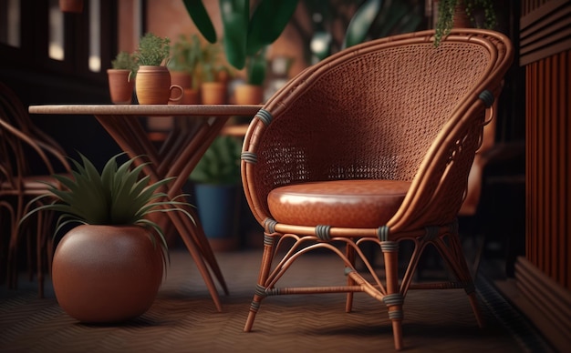 une table et des chaises de jardin en rotin avec une tasse de café dessus. ai généré