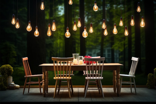une table avec des chaises et des lumières qui y sont suspendues