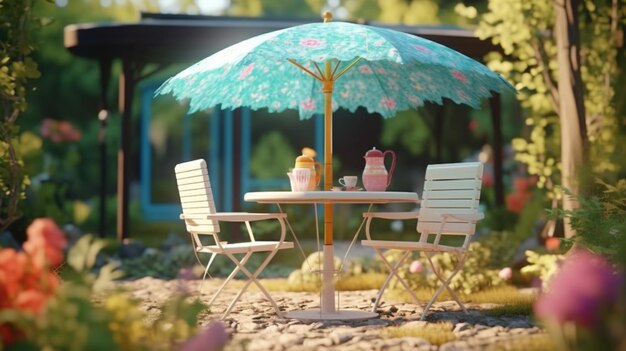 Table chaises et parasol à l'extérieur dans le jardinGenerative AI