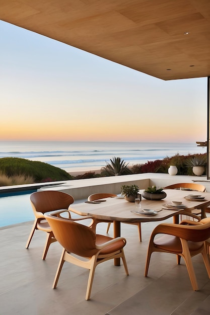 une table et des chaises de salle à manger de luxe avec vue sur l'océan et l'océan