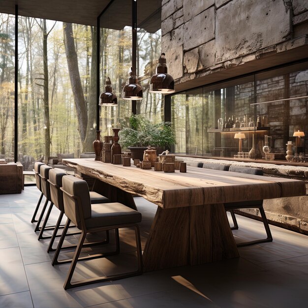 une table avec des chaises et une table avec une lumière dessus