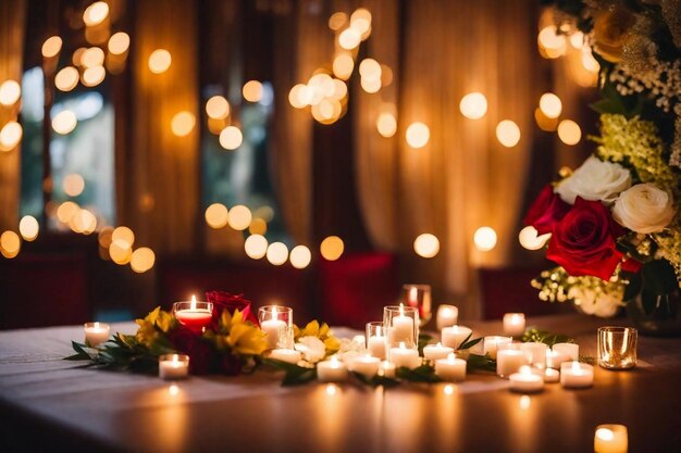 une table avec une chandelle et des fleurs et une bougie avec un couple en arrière-plan