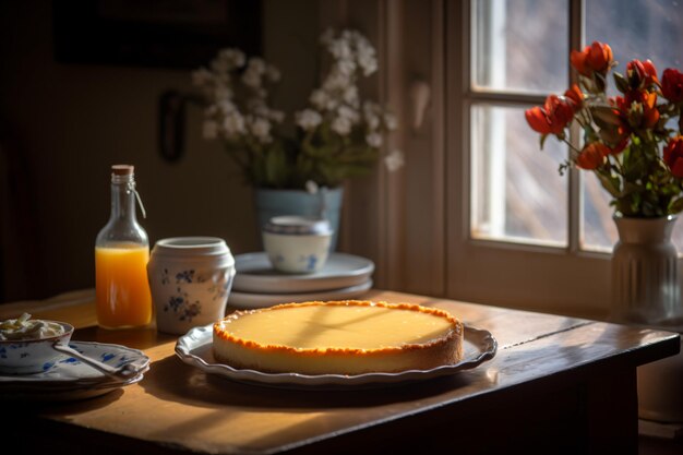 Une table avec un cheesecake et du jus d'orange dessus