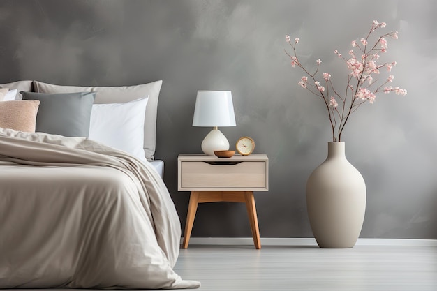 Table de chevet en bois avec lampe et réveil horloge vase au sol fleurs roses intérieur de chambre à coucher moderne