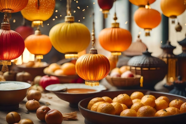 Une table avec des citrouelles et des citrouilles dessus