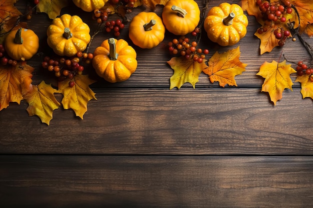 Une table avec des citrouilles et des feuilles dessus