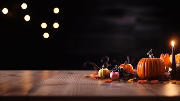 Une table avec des citrouilles et des feuilles dessus