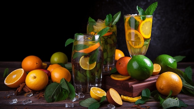 Une table avec des cocktails et des fruits dessus