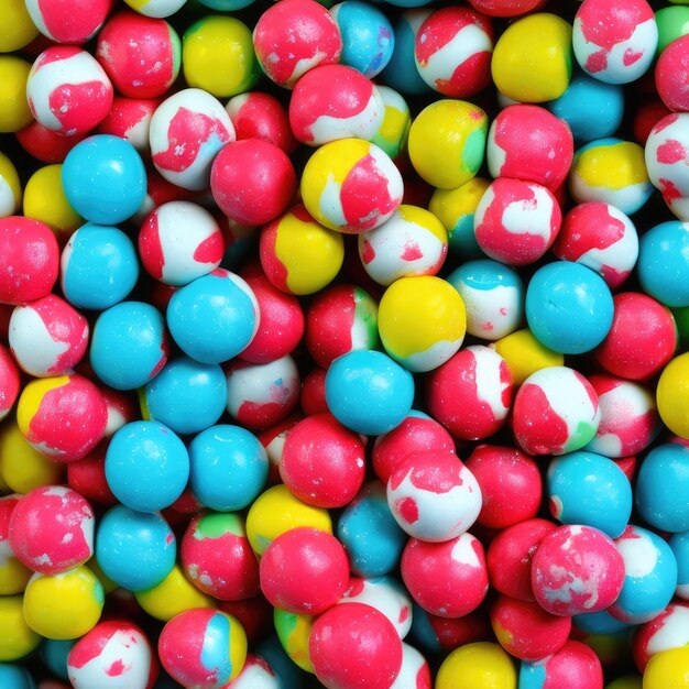 Une table colorée avec des bonbons dessus et un bol de bonbons dessus