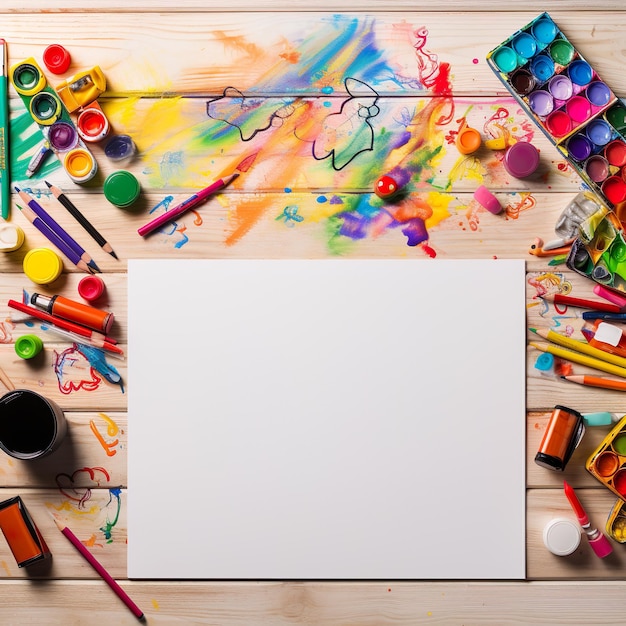 Table à colorier avec des stylos à colorier et un papier blanc