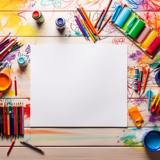 table à colorier avec des stylos à colorier et un papier blanc