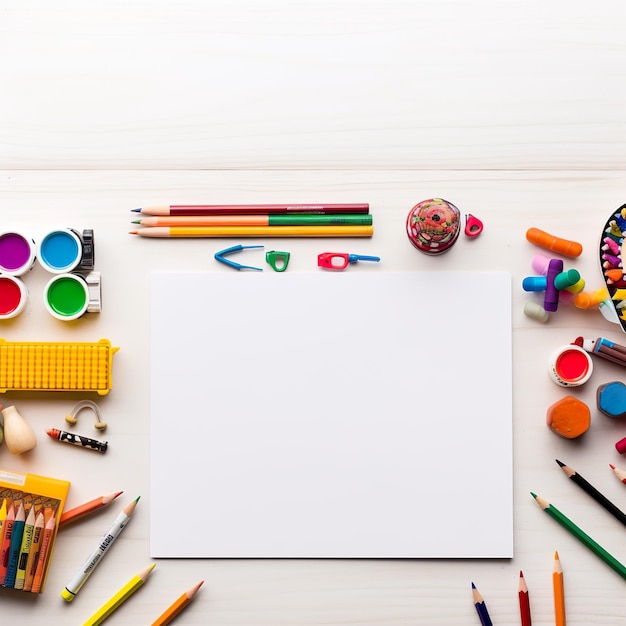 Table à colorier avec des stylos à colorier et un papier blanc