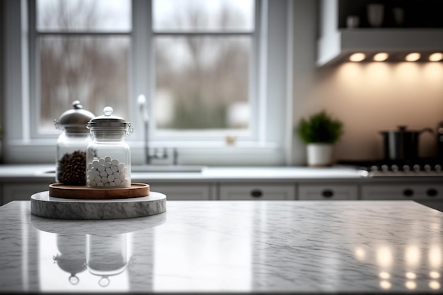 Table de comptoir en marbre avec espace de copie sur fond de cuisine moderne flou Ai générative