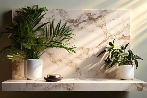 Table de comptoir moderne en béton brun pastel vide à l'ombre d'une feuille de palmier au soleil sur un mur de texture en stuc pour un traitement de beauté cosmétique organique de luxe, affichage de produits en arrière-plan 3D