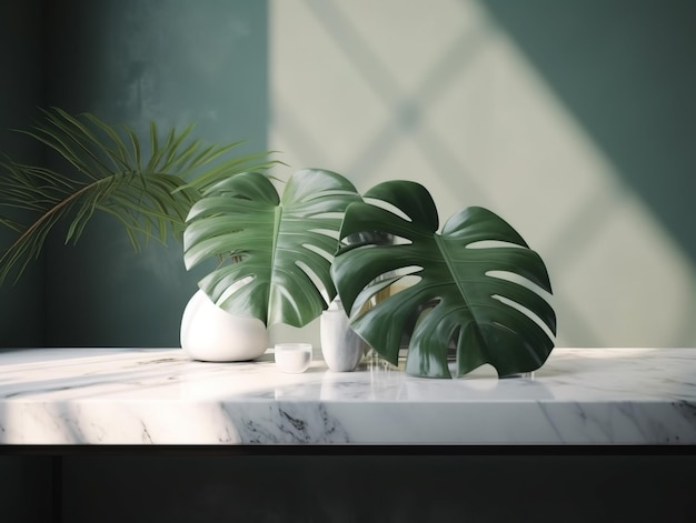 Table de comptoir en pierre de marbre blanc moderne minimal arbre de plante de monstera tropical au soleil sur fond de mur vert pour l'affichage de produit de traitement de beauté cosmétique bio frais de luxe soins de la peau 3D