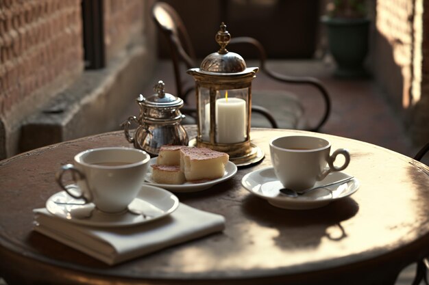 Une table confortable dans un café avec petit-déjeuner pour deux au soleil du matin