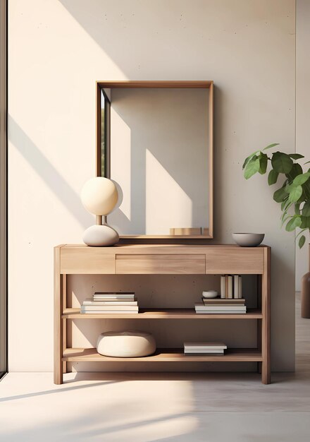 La table de console avec des livres, des miroirs et des plantes.