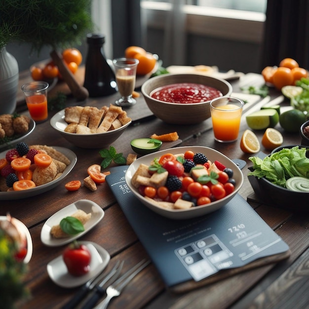 Table copieuse avec mélange de salades dans un bol