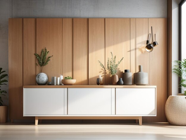 Table à côté en bois de fusion contemporaine dans un salon moderne avec des accents en béton