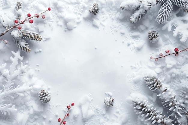 une table couverte de neige avec des cônes de pin et des baies rouges