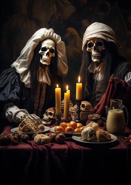 Photo une table avec un crâne et une bougie et une assiette de nourriture avec un crânes et une bougeie