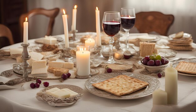 une table avec des craquelins au fromage et des verres à vin
