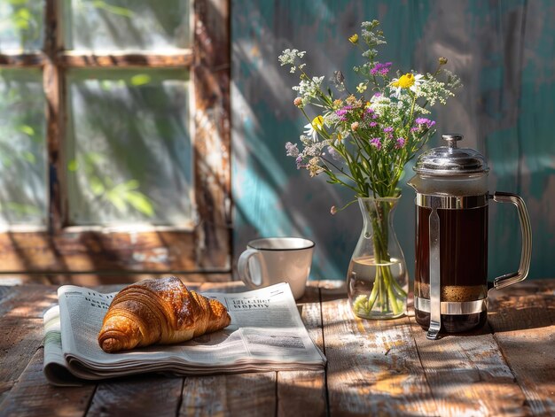 une table avec un croissant et des fleurs dessus