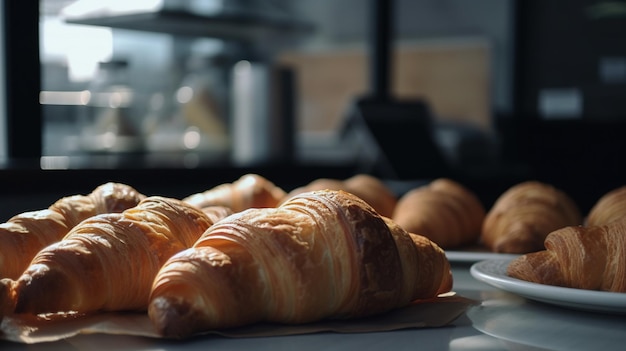 Une table avec des croissants et une assiette de croissants dessus