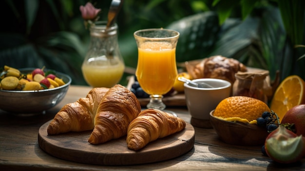 Une table avec des croissants, du jus d'orange et un verre de jus d'orange