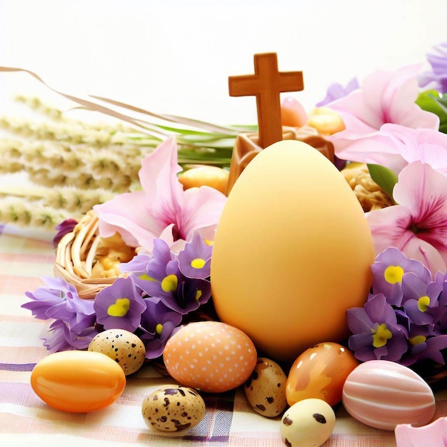 Une table avec une croix et des fleurs dessus