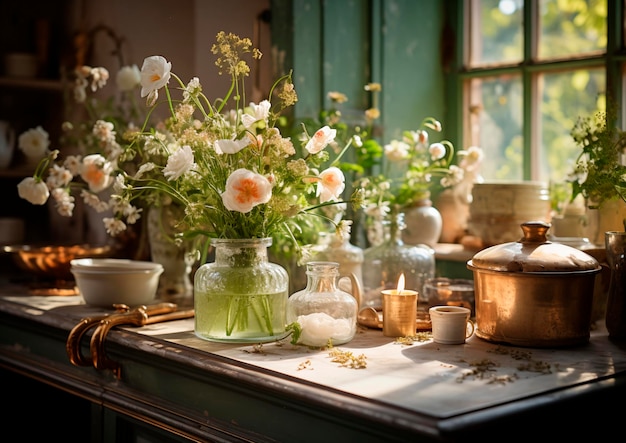 Table de cuisine avec des aliments sains, des fruits, des herbes médicinales et des fleurs avec lumière naturelle réalisée avec l'IA