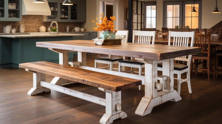 Photo une table de cuisine avec un banc au milieu prête pour un repas de famille