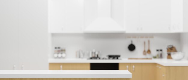 Table de cuisine blanche moderne avec un espace pour l'affichage du produit de montage sur un nouveau fond intérieur flou de cuisine contemporaine blanche et moderne. rendu 3d, illustration 3d