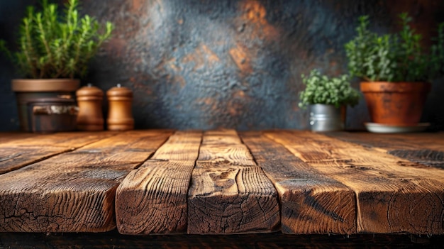 Table de cuisine en bois rustique avec fond vintage