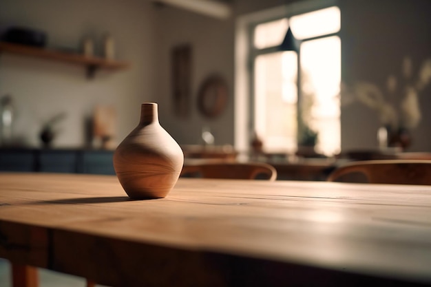 Une table de cuisine en bois vide avec un vase blanc