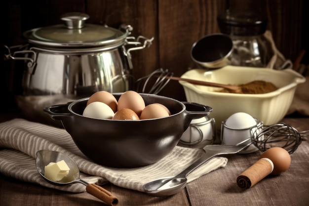 Une table de cuisine avec des œufs et du beurre dessus